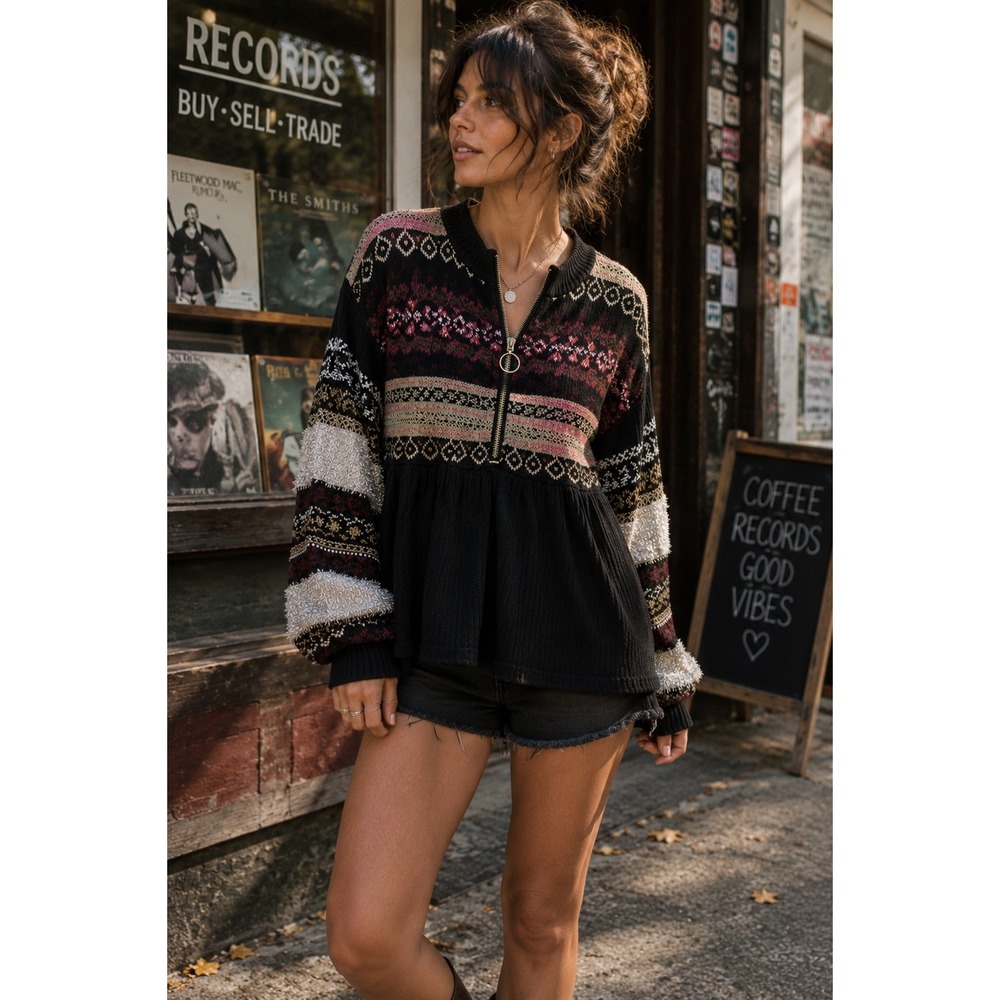 Free People Cozy Cottage Babydoll Fair Isle Metallic Zip Sweater Black XS